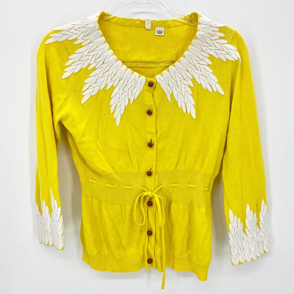 Anthropologie Sweaters - MOTH by Anthro Sweater Women's Sz M Yellow Feather Detail Button Up Cardigan